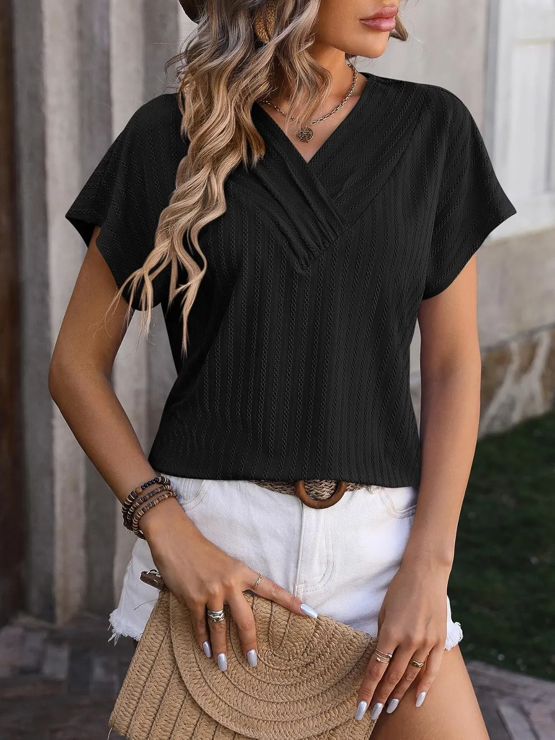 Womens Summer Casual Pleated Puff Short Sleeve Tops Square Neck Fashion Loose Blouse T Shirts Eyelet Embroidery